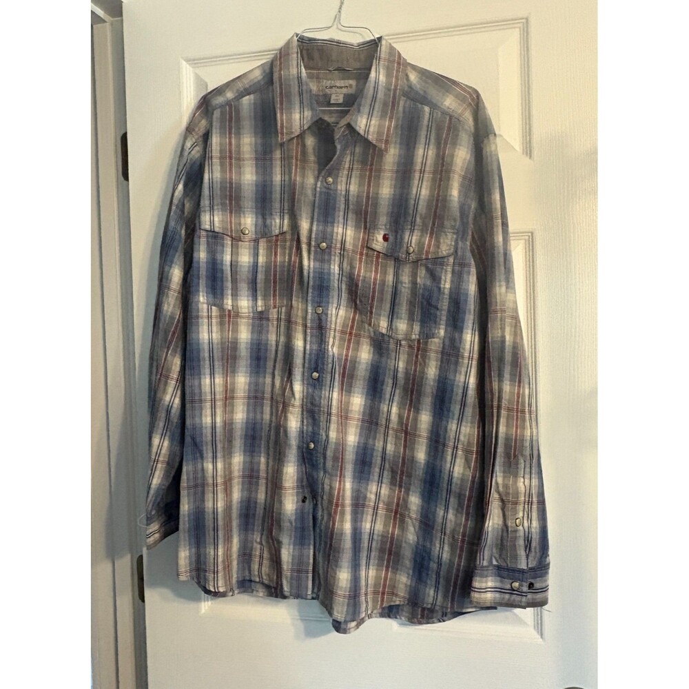 Carhartt Shirt Mens 2XL Blue Plaid Relaxed Fit Pearl Snap Long Sleeve Workwear